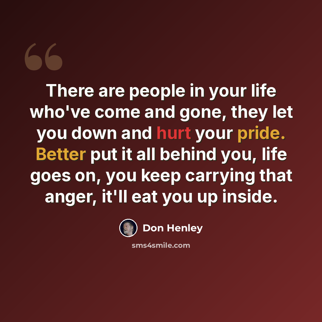 “There are people in your life who've come and gone, they let you down and hurt your pride. Better put it all behind you, life goes on, you keep carrying that anger, it'll eat you up inside.” quote by Don Henley