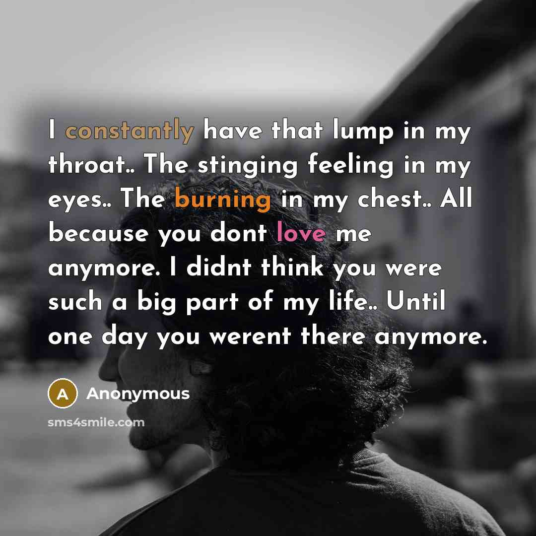 “I constantly have that lump in my throat.. The stinging feeling in my eyes.. The burning in my chest.. All because you dont love me anymore. I didnt think you were such a big part of my life.. Until one day you werent there anymore.” quote by Anonymous