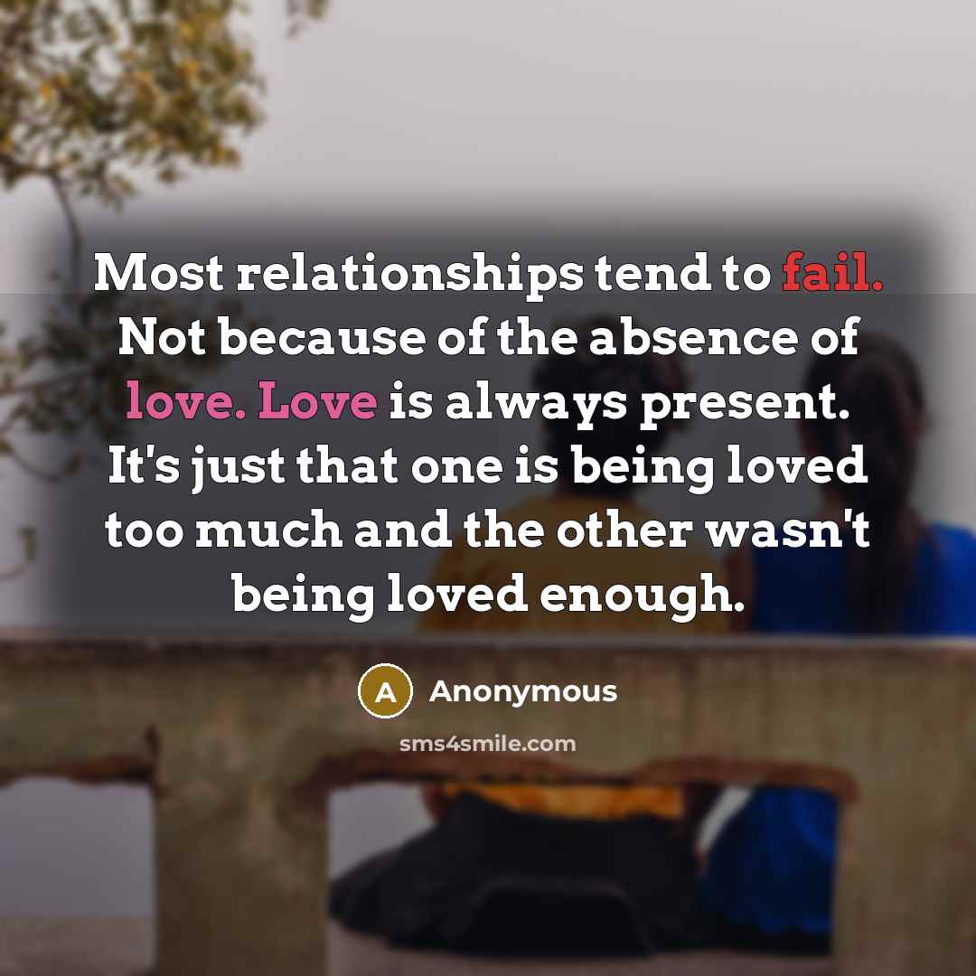 “Most relationships tend to fail. Not because of the absence of love. Love is always present. It's just that one is being loved too much and the other wasn't being loved enough.” quote by Anonymous