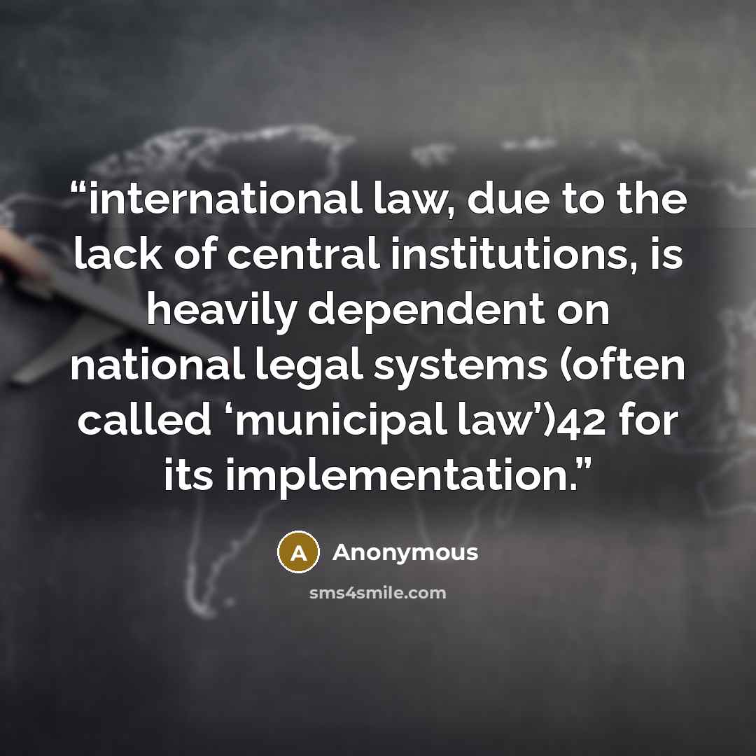 “international law, due to the lack of central institutions, is heavily dependent on national legal systems (often called ‘municipal law’)42 for its implementation.” quote by Anonymous