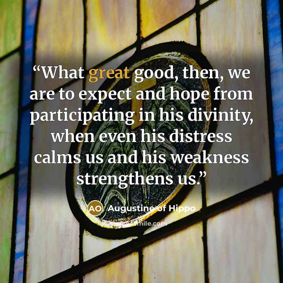 “What great good, then, we are to expect and hope from participating in his divinity, when even his distress calms us and his weakness strengthens us.” quote by Augustine of Hippo