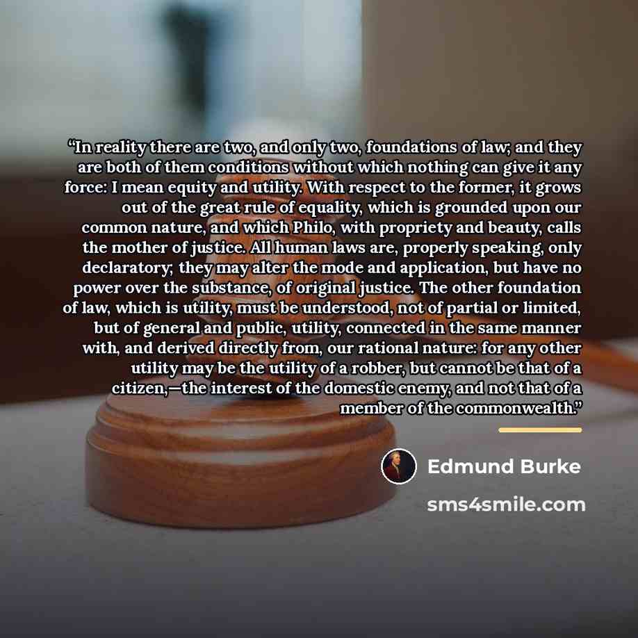“In reality there are two, and only two, foundations of law; and they are both of them conditions without which nothing can give it any force: I mean equity and utility. With respect to the former, it grows out of the great rule of equality, which is grounded upon our common nature, and which…” quote by Edmund Burke