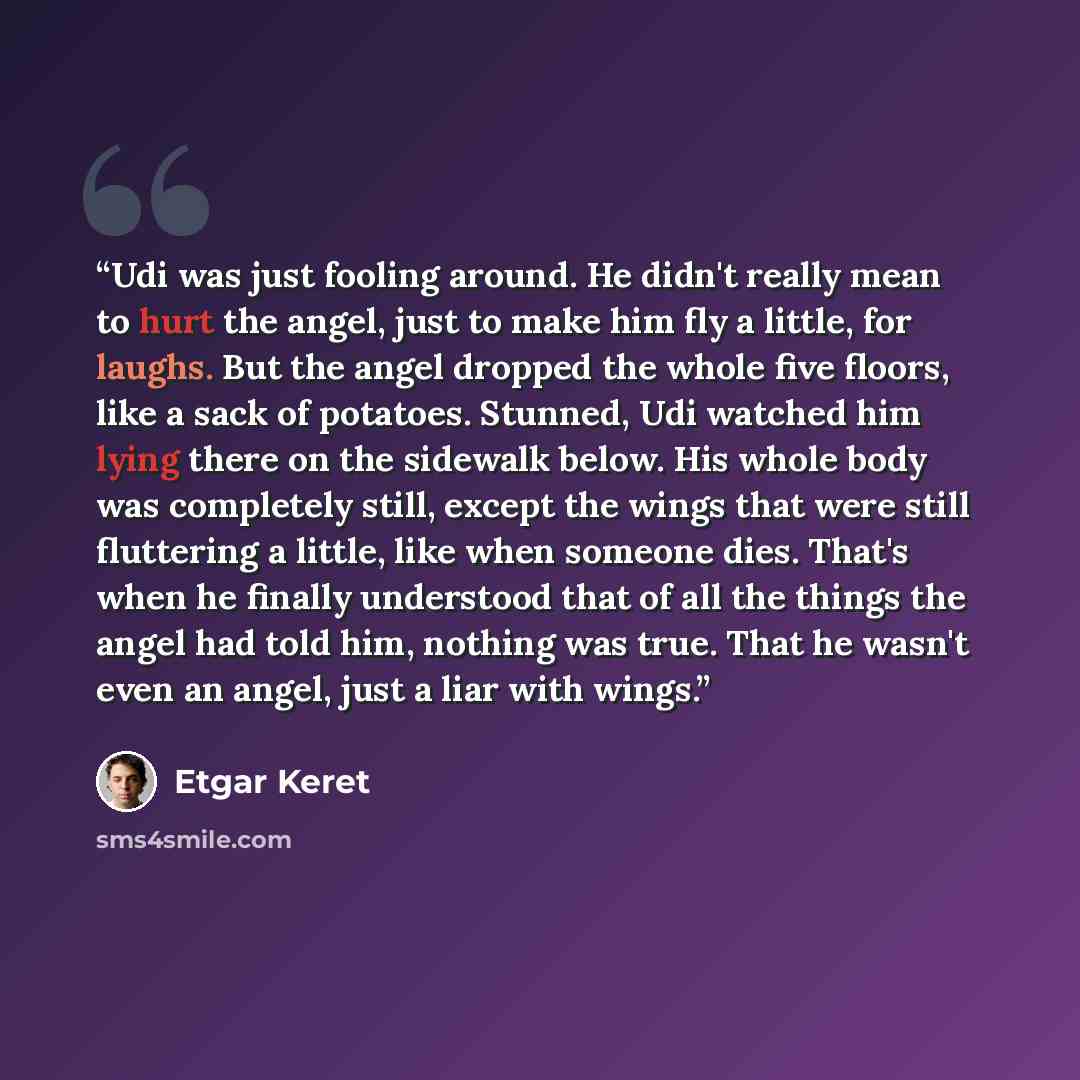 “Udi was just fooling around. He didn't really mean to hurt the angel, just to make him fly a little, for laughs. But the angel dropped the whole five floors, like a sack of potatoes. Stunned, Udi watched him lying there on the sidewalk below. His whole body was completely still, except the wings…” quote by Etgar Keret