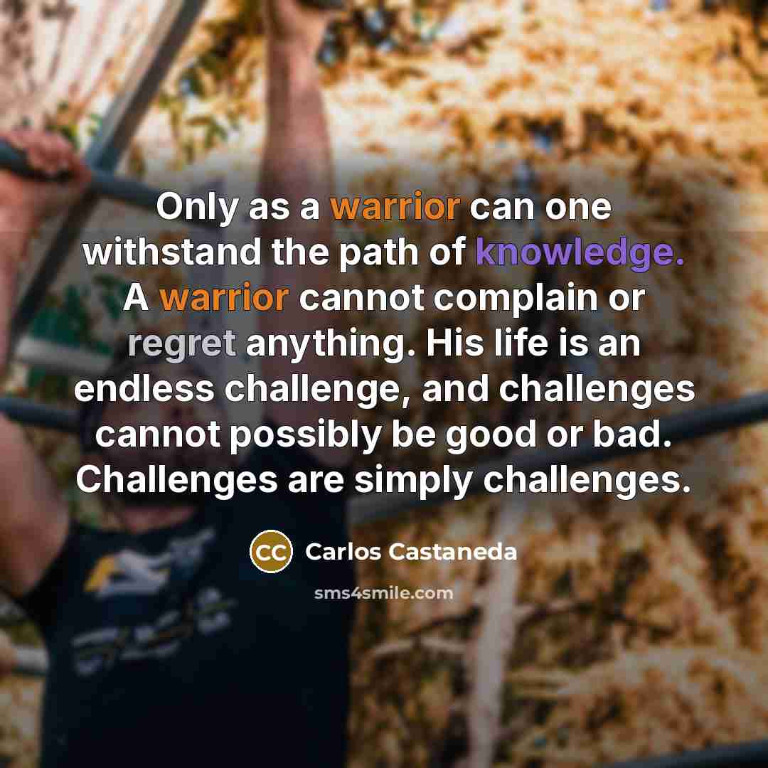 “Only as a warrior can one withstand the path of knowledge. A warrior cannot complain or regret anything. His life is an endless challenge, and challenges cannot possibly be good or bad. Challenges are simply challenges.” quote by Carlos Castaneda