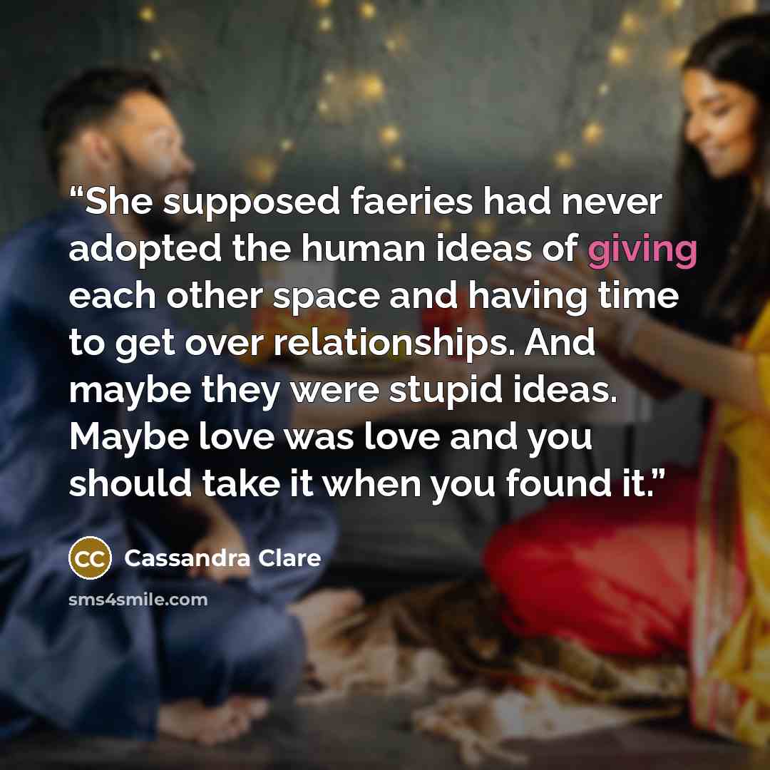 “She supposed faeries had never adopted the human ideas of giving each other space and having time to get over relationships. And maybe they were stupid ideas. Maybe love was love and you should take it when you found it.” quote by Cassandra Clare
