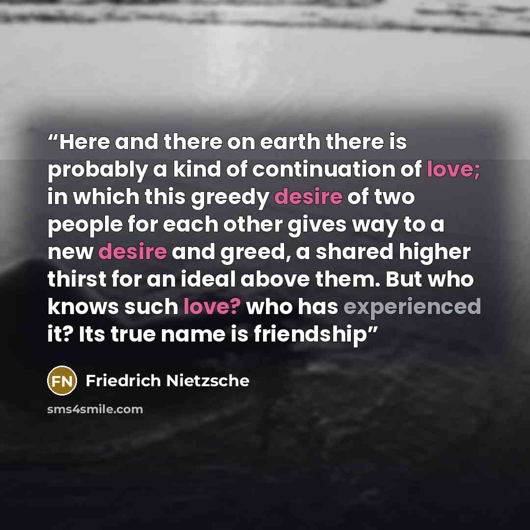 “Here and there on earth there is probably a kind of continuation of love; in which this greedy desire of two people for each other gives way to a new desire and greed, a shared higher thirst for an ideal above them. But who knows such love? who has experienced it? Its true name is friendship” quote by Friedrich Nietzsche