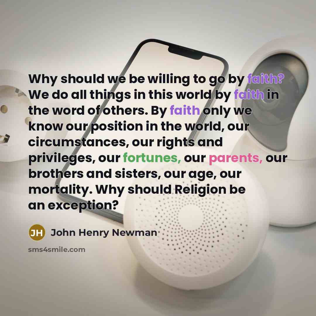 “Why should we be willing to go by faith? We do all things in this world by faith in the word of others. By faith only we know our position in the world, our circumstances, our rights and privileges, our fortunes, our parents, our brothers and sisters, our age, our mortality. Why should Religion be…” quote by John Henry Newman