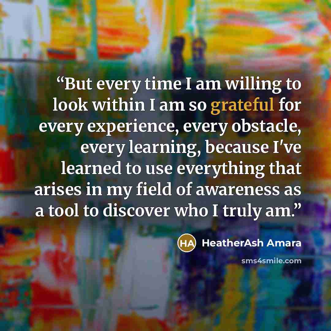 “But every time I am willing to look within I am so grateful for every experience, every obstacle, every learning, because I've learned to use everything that arises in my field of awareness as a tool to discover who I truly am.” quote by HeatherAsh Amara