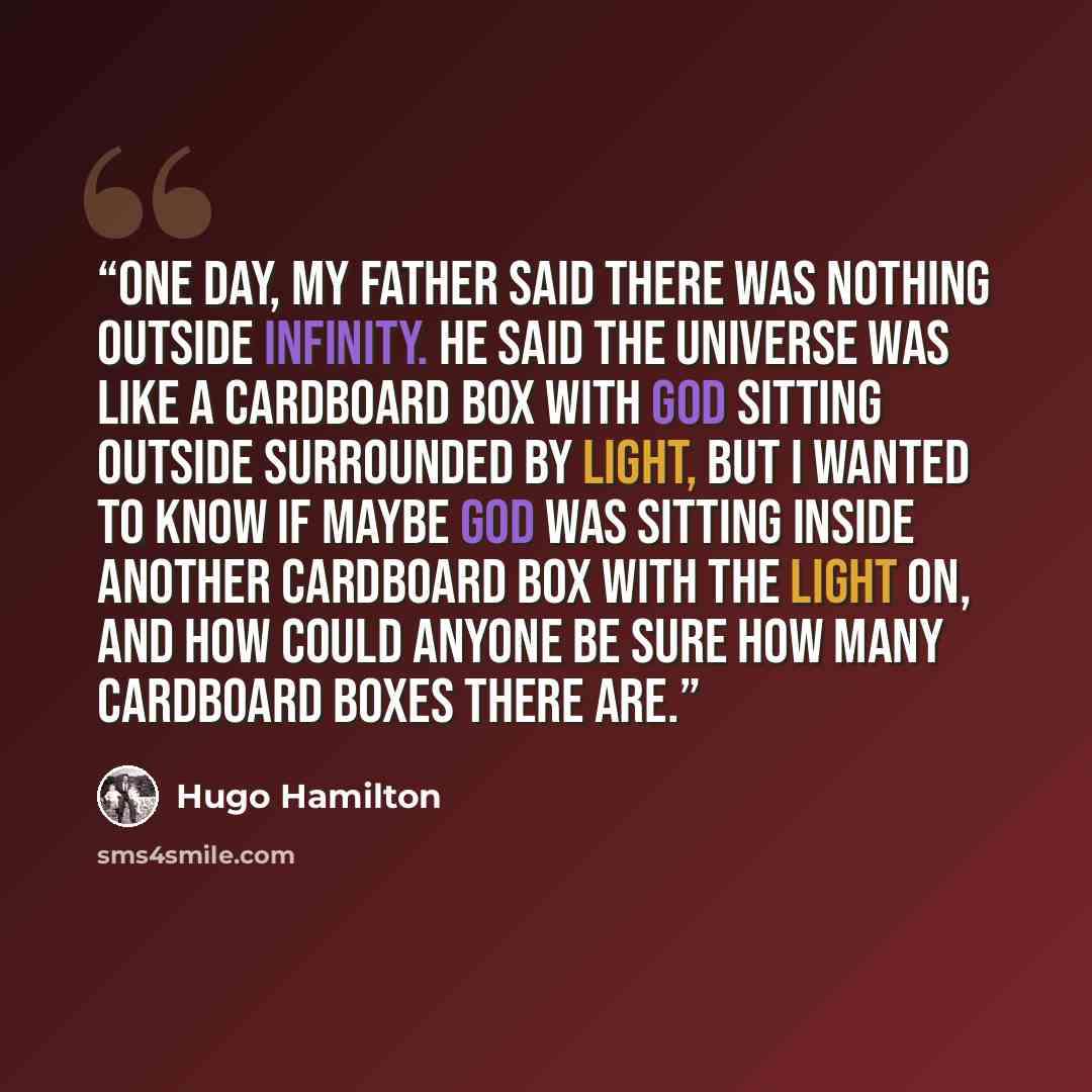 “One day, my father said there was nothing outside infinity. He said the universe was like a cardboard box with God sitting outside surrounded by light, but I wanted to know if maybe God was sitting inside another cardboard box with the light on, and how could anyone be sure how many cardboard…” quote by Hugo Hamilton