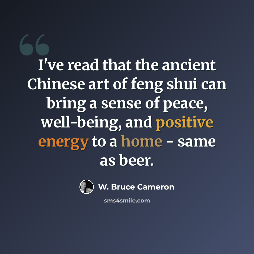 “I've read that the ancient Chinese art of feng shui can bring a sense of peace, well-being, and positive energy to a home - same as beer.” quote by W. Bruce Cameron