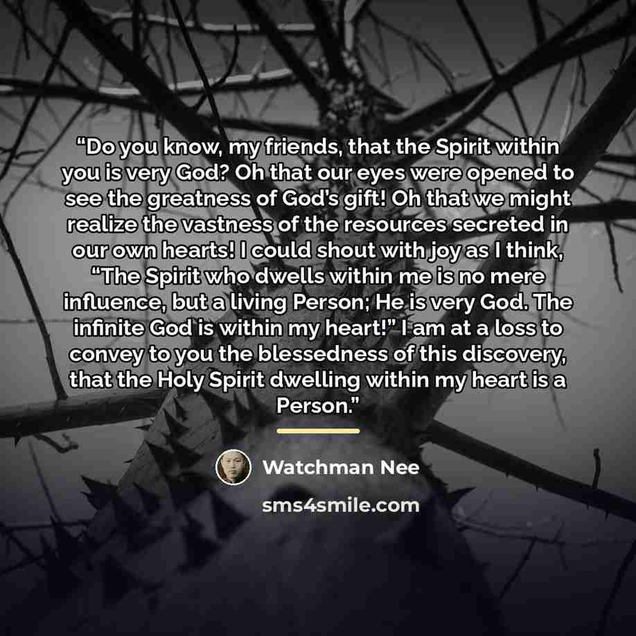 “Do you know, my friends, that the Spirit within you is very God? Oh that our eyes were opened to see the greatness of God’s gift! Oh that we might realize the vastness of the resources secreted in our own hearts! I could shout with joy as I think, “The Spirit who dwells within me is no mere…” quote by Watchman Nee