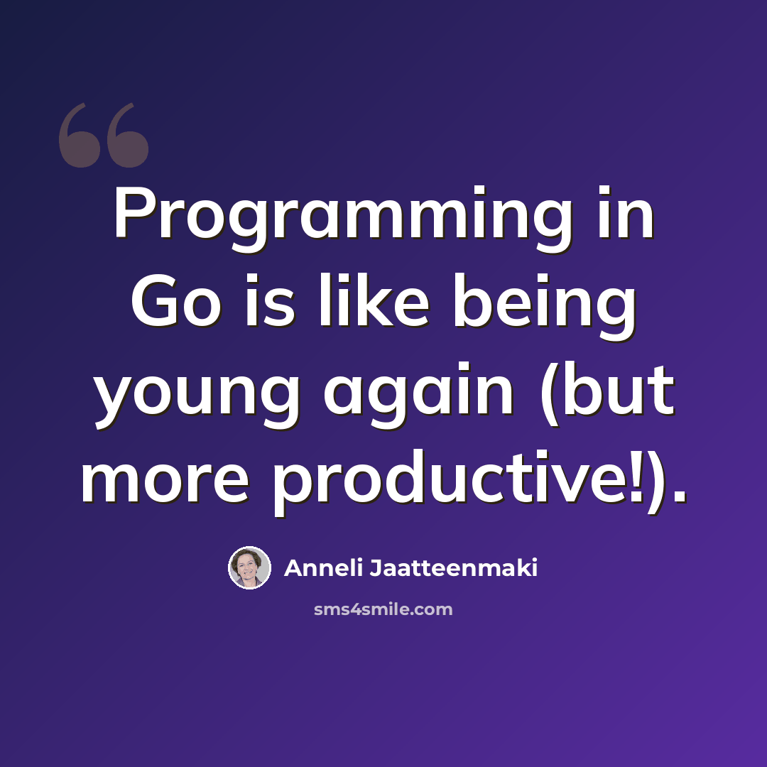 “Programming in Go is like being young again (but more productive!).” quote by Anneli Jaatteenmaki