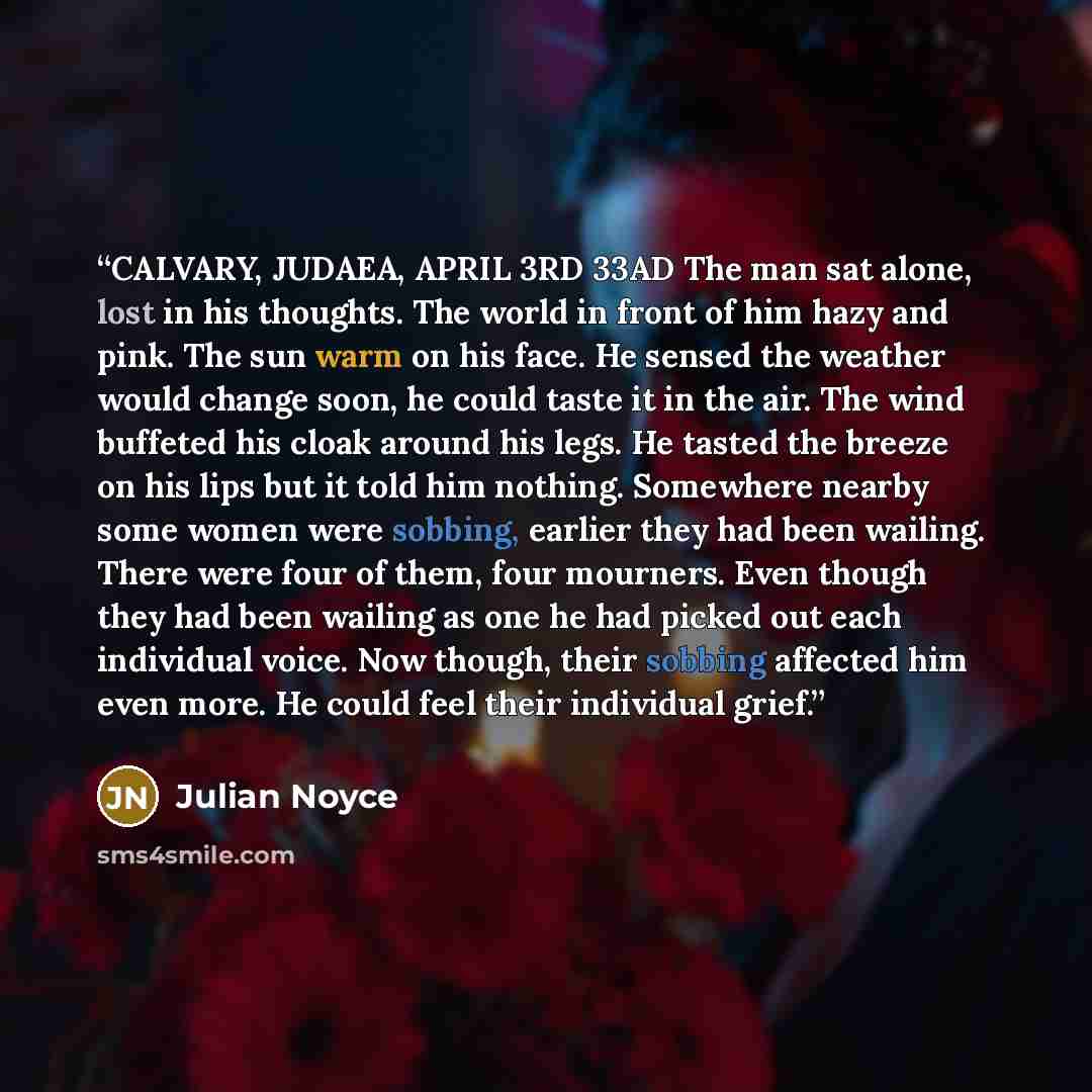 “CALVARY, JUDAEA, APRIL 3RD 33AD The man sat alone, lost in his thoughts. The world in front of him hazy and pink. The sun warm on his face. He sensed the weather would change soon, he could taste it in the air. The wind buffeted his cloak around his legs. He tasted the breeze on his lips but it…” quote by Julian Noyce
