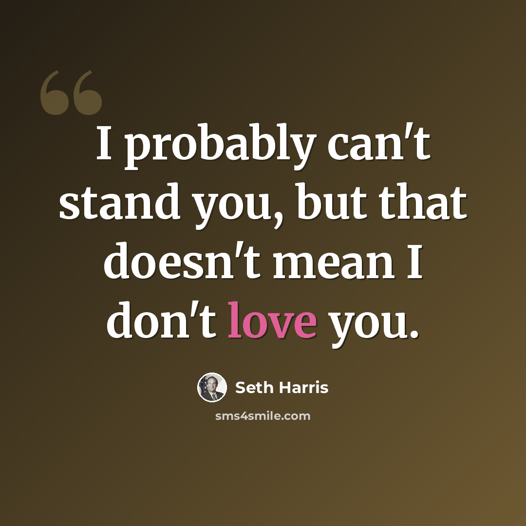 “I probably can't stand you, but that doesn't mean I don't love you.” quote by Seth Harris