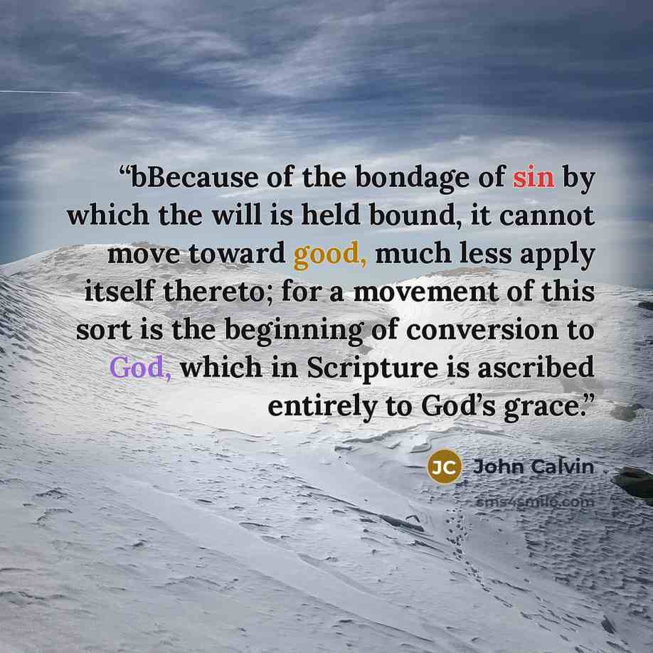 “bBecause of the bondage of sin by which the will is held bound, it cannot move toward good, much less apply itself thereto; for a movement of this sort is the beginning of conversion to God, which in Scripture is ascribed entirely to God’s grace.” quote by John Calvin