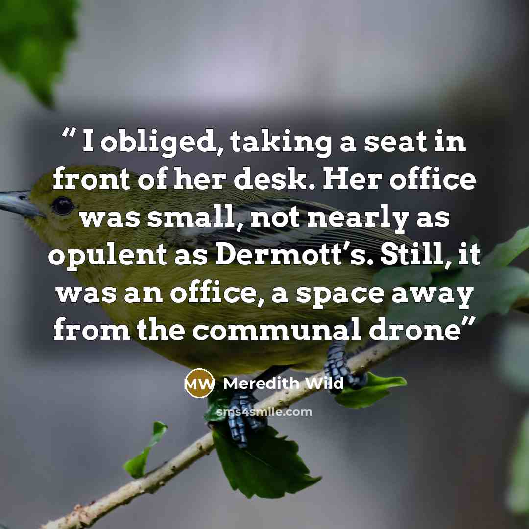 “I obliged, taking a seat in front of her desk. Her office was small, not nearly as opulent as Dermott’s. Still, it was an office, a space away from the communal drone” quote by Meredith Wild
