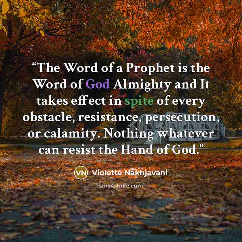 “The Word of a Prophet is the Word of God Almighty and It takes effect in spite of every obstacle, resistance, persecution, or calamity. Nothing whatever can resist the Hand of God.” quote by Violette Nakhjavani