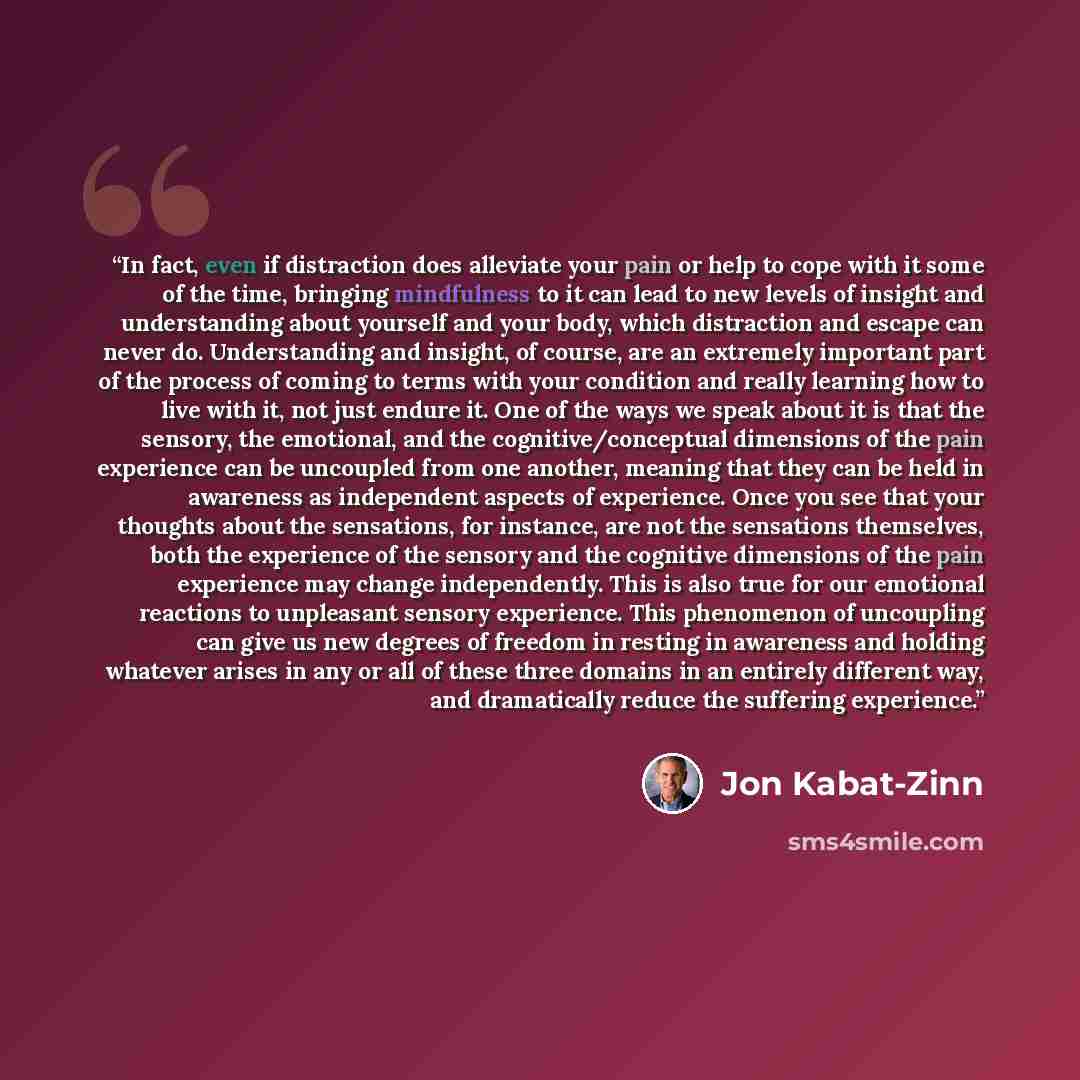 “In fact, even if distraction does alleviate your pain or help to cope with it some of the time, bringing mindfulness to it can lead to new levels of insight and understanding about yourself and your body, which distraction and escape can never do. Understanding and insight, of course, are an…” quote by Jon Kabat-Zinn