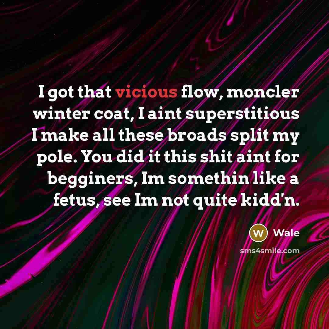 “I got that vicious flow, moncler winter coat, I aint superstitious I make all these broads split my pole. You did it this shit aint for begginers, Im somethin like a fetus, see Im not quite kidd'n.” quote by Wale