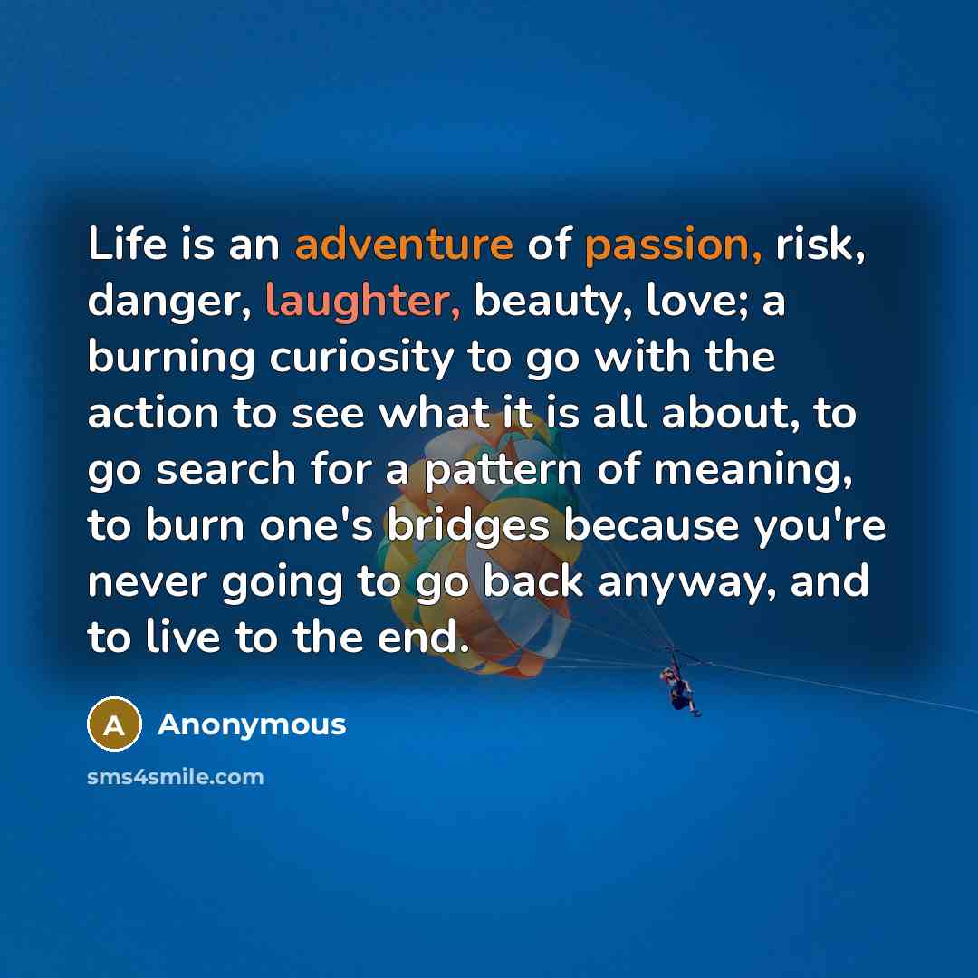 “Life is an adventure of passion, risk, danger, laughter, beauty, love; a burning curiosity to go with the action to see what it is all about, to go search for a pattern of meaning, to burn one's bridges because you're never going to go back anyway, and to live to the end.” quote by Anonymous