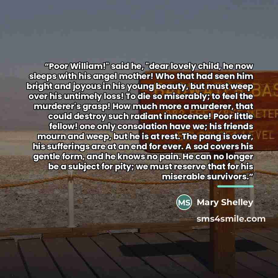 “Poor William!" said he, "dear lovely child, he now sleeps with his angel mother! Who that had seen him bright and joyous in his young beauty, but must weep over his untimely loss! To die so miserably; to feel the murderer's grasp! How much more a murderer, that could destroy such radiant…” quote by Mary Shelley