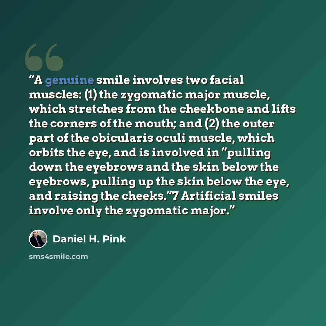 “A genuine smile involves two facial muscles: (1) the zygomatic major muscle, which stretches from the cheekbone and lifts the corners of the mouth; and (2) the outer part of the obicularis oculi muscle, which orbits the eye, and is involved in “pulling down the eyebrows and the skin below the…” quote by Daniel H. Pink