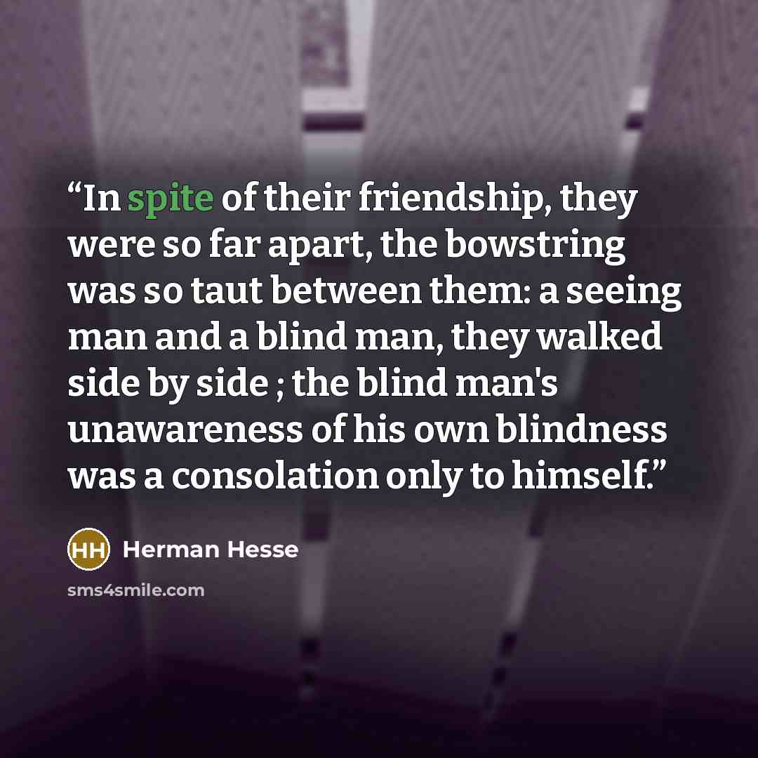 “In spite of their friendship, they were so far apart, the bowstring was so taut between them: a seeing man and a blind man, they walked side by side ; the blind man's unawareness of his own blindness was a consolation only to himself.” quote by Herman Hesse