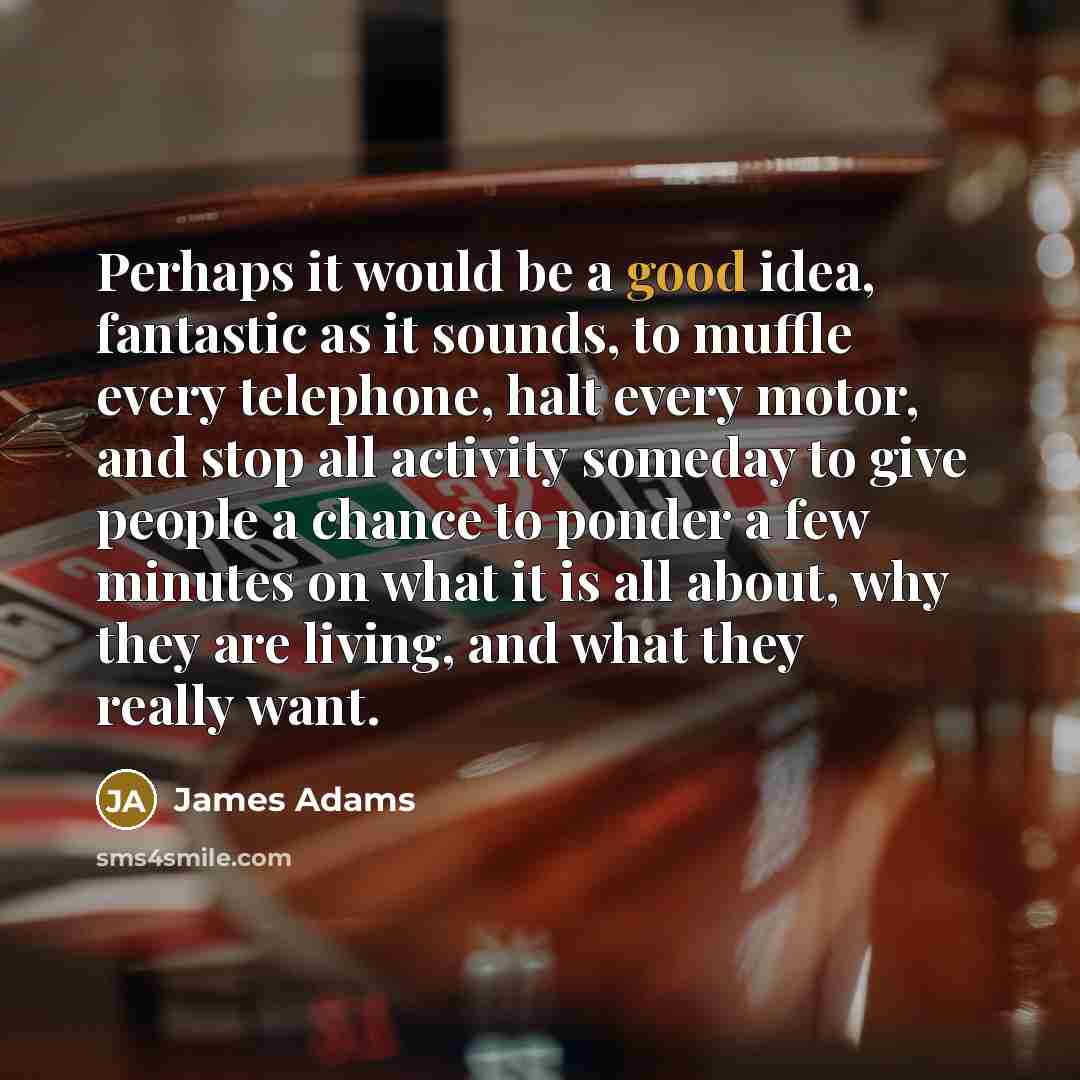 “Perhaps it would be a good idea, fantastic as it sounds, to muffle every telephone, halt every motor, and stop all activity someday to give people a chance to ponder a few minutes on what it is all about, why they are living, and what they really want.” quote by James Adams