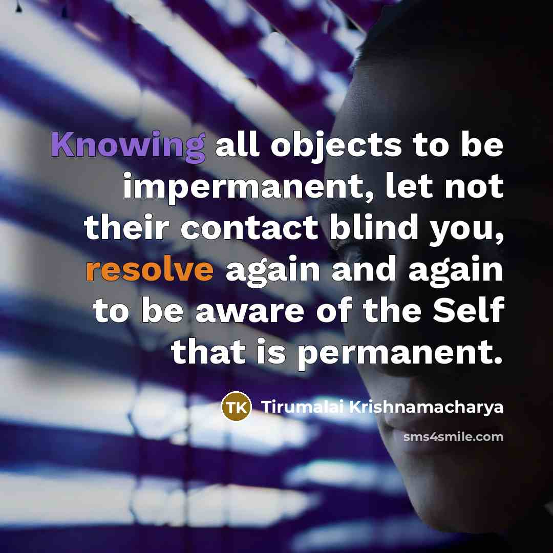 “Knowing all objects to be impermanent, let not their contact blind you, resolve again and again to be aware of the Self that is permanent.” quote by Tirumalai Krishnamacharya