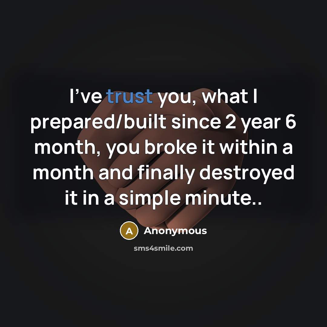 “I've trust you, what I prepared/built since 2 year 6 month, you broke it within a month and finally destroyed it in a simple minute..” quote by Anonymous