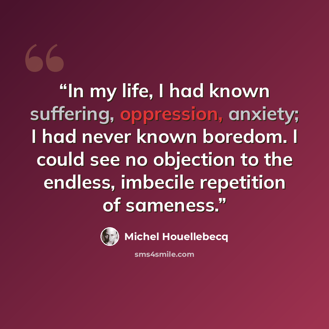 “In my life, I had known suffering, oppression, anxiety; I had never known boredom. I could see no objection to the endless, imbecile repetition of sameness.” quote by Michel Houellebecq