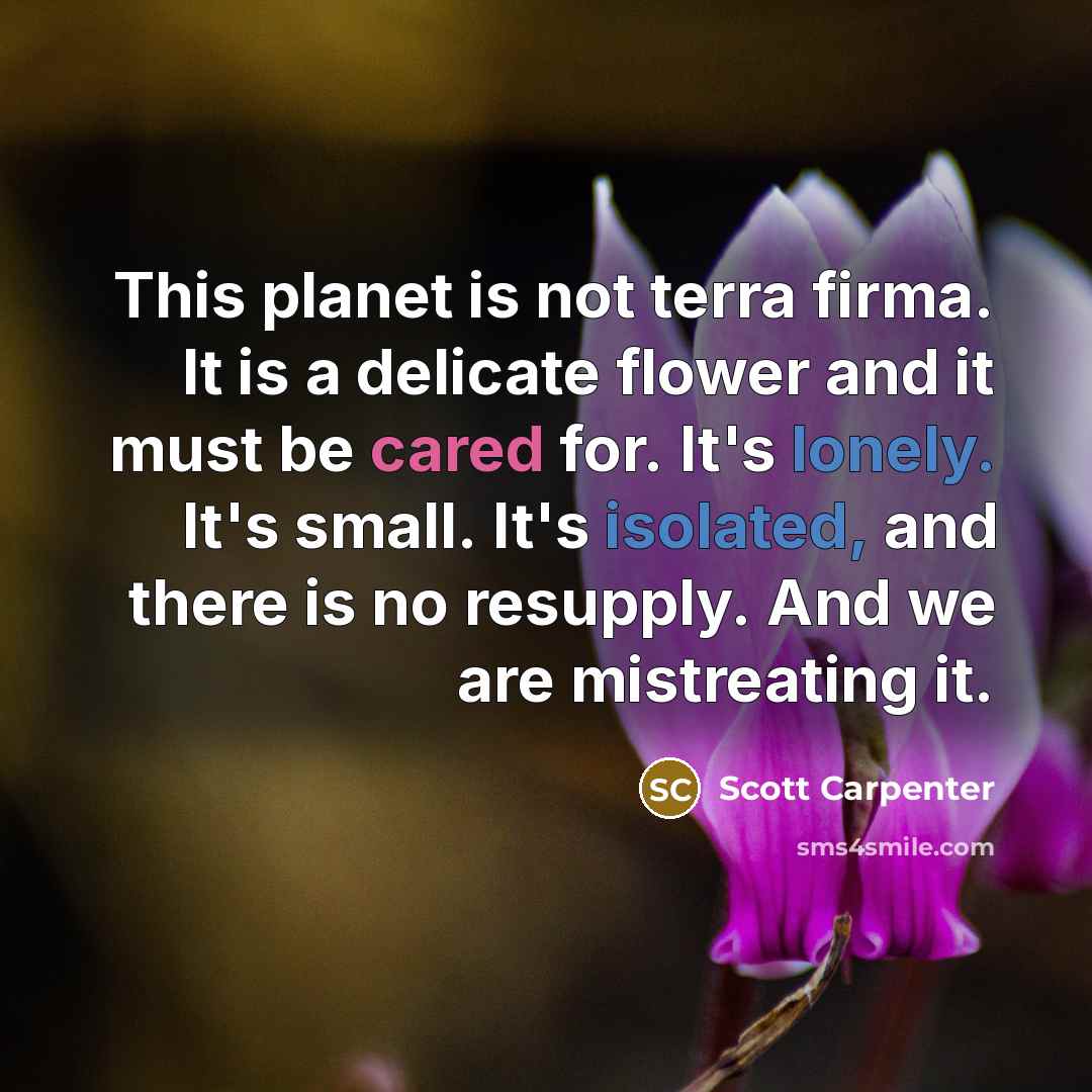 “This planet is not terra firma. It is a delicate flower and it must be cared for. It's lonely. It's small. It's isolated, and there is no resupply. And we are mistreating it.” quote by Scott Carpenter