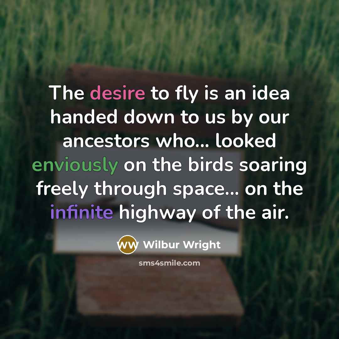“The desire to fly is an idea handed down to us by our ancestors who... looked enviously on the birds soaring freely through space... on the infinite highway of the air.” quote by Wilbur Wright