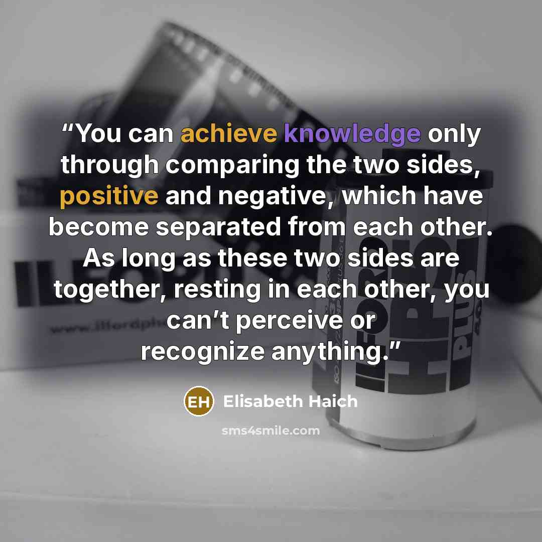 “You can achieve knowledge only through comparing the two sides, positive and negative, which have become separated from each other. As long as these two sides are together, resting in each other, you can’t perceive or recognize anything.” quote by Elisabeth Haich