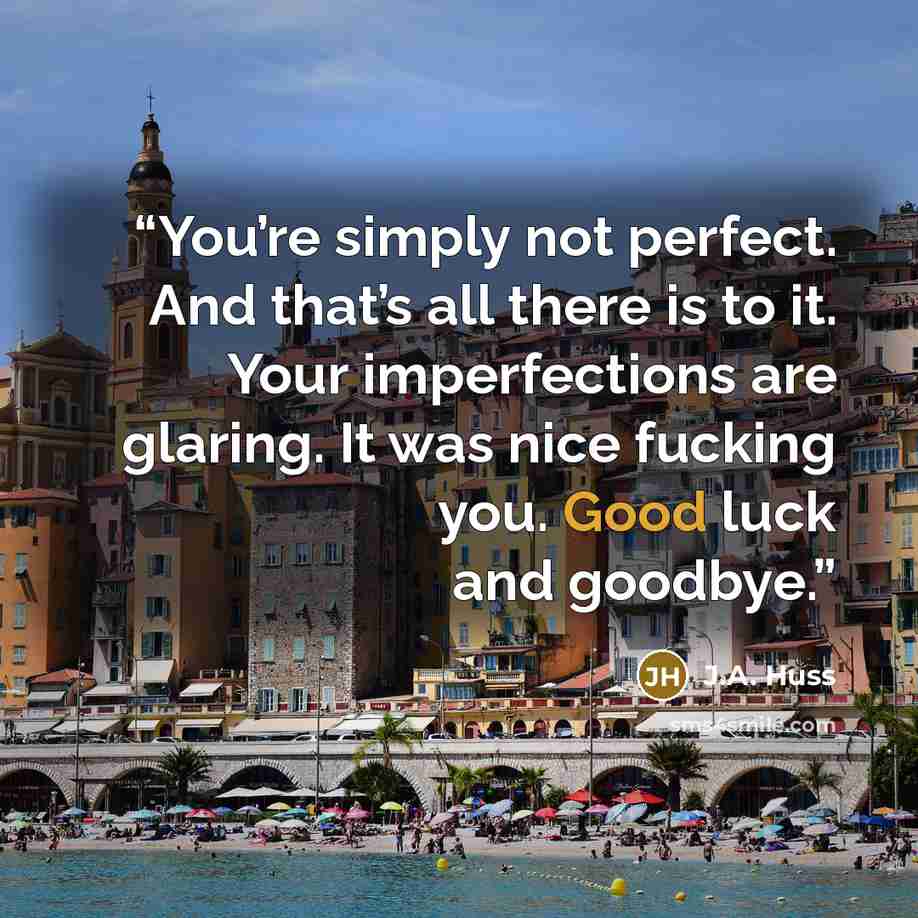 “You’re simply not perfect. And that’s all there is to it. Your imperfections are glaring. It was nice fucking you. Good luck and goodbye.” quote by J.A. Huss