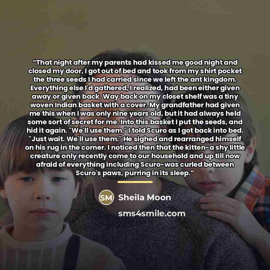 “That night after my parents had kissed me good night and closed my door, I got out of bed and took from my shirt pocket the three seeds I had carried since we left the ant kingdom. Everything else I'd gathered, I realized, had been either given away or given back. Way back on my closet shelf was a…” quote by Sheila Moon