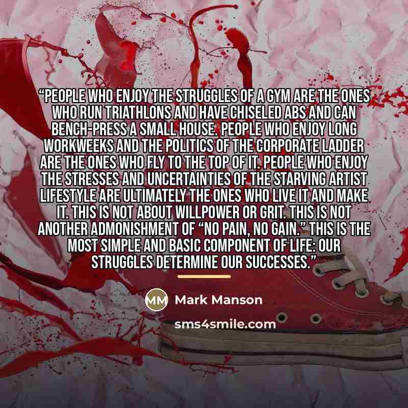 “People who enjoy the struggles of a gym are the ones who run triathlons and have chiseled abs and can bench-press a small house. People who enjoy long workweeks and the politics of the corporate ladder are the ones who fly to the top of it. People who enjoy the stresses and uncertainties of the…” quote by Mark Manson
