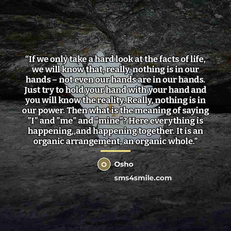 “If we only take a hard look at the facts of life, we will know that, really, nothing is in our hands – not even our hands are in our hands. Just try to hold your hand with your hand and you will know the reality. Really, nothing is in our power. Then what is the meaning of saying ”I” and ”me” and…” quote by Osho