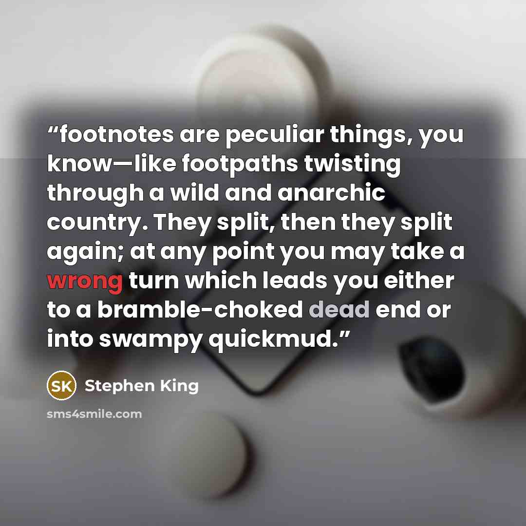 “footnotes are peculiar things, you know—like footpaths twisting through a wild and anarchic country. They split, then they split again; at any point you may take a wrong turn which leads you either to a bramble-choked dead end or into swampy quickmud.” quote by Stephen King