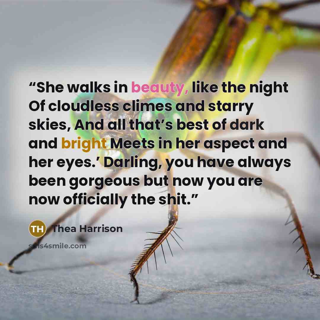“She walks in beauty, like the night Of cloudless climes and starry skies, And all that’s best of dark and bright Meets in her aspect and her eyes.’ Darling, you have always been gorgeous but now you are now officially the shit.” quote by Thea Harrison