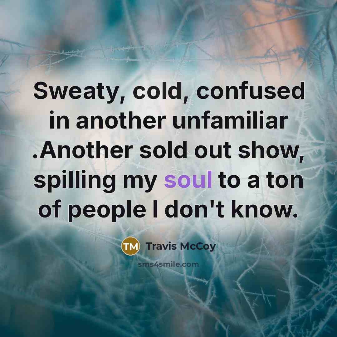 “Sweaty, cold, confused in another unfamiliar .Another sold out show, spilling my soul to a ton of people I don't know.” quote by Travis McCoy