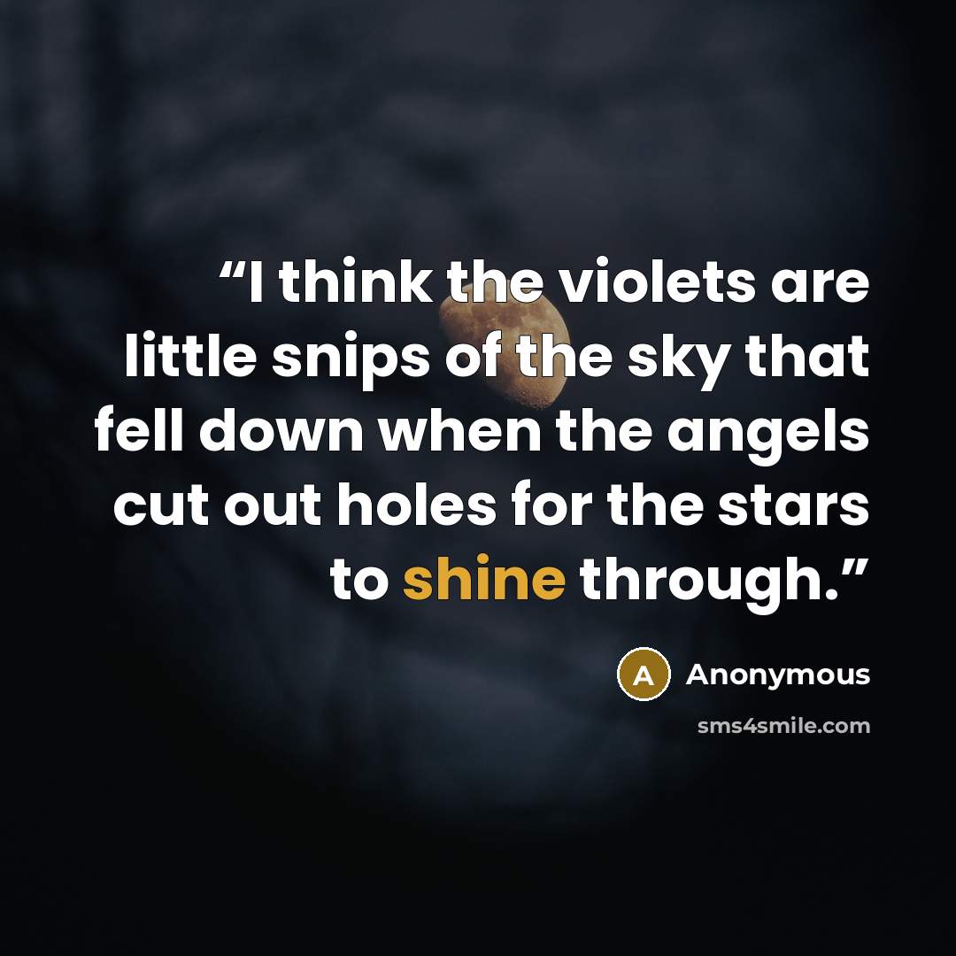 “I think the violets are little snips of the sky that fell down when the angels cut out holes for the stars to shine through.” quote by Anonymous