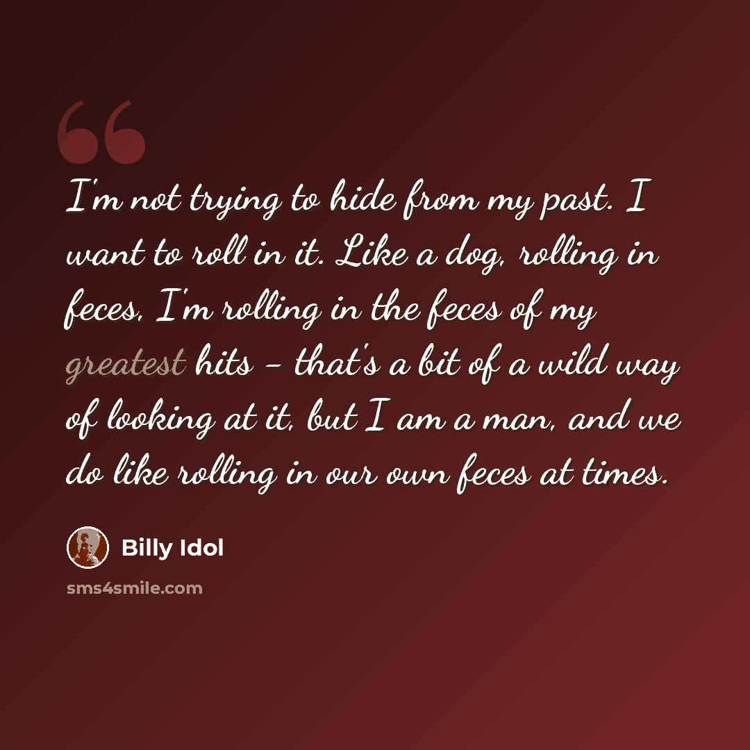 “I'm not trying to hide from my past. I want to roll in it. Like a dog, rolling in feces, I'm rolling in the feces of my greatest hits - that's a bit of a wild way of looking at it, but I am a man, and we do like rolling in our own feces at times.” quote by Billy Idol