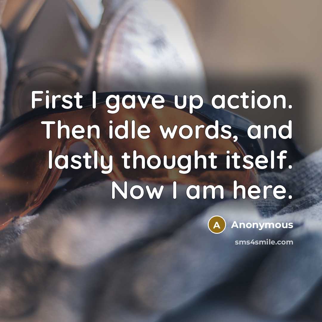 “First I gave up action. Then idle words, and lastly thought itself. Now I am here.” quote by Anonymous
