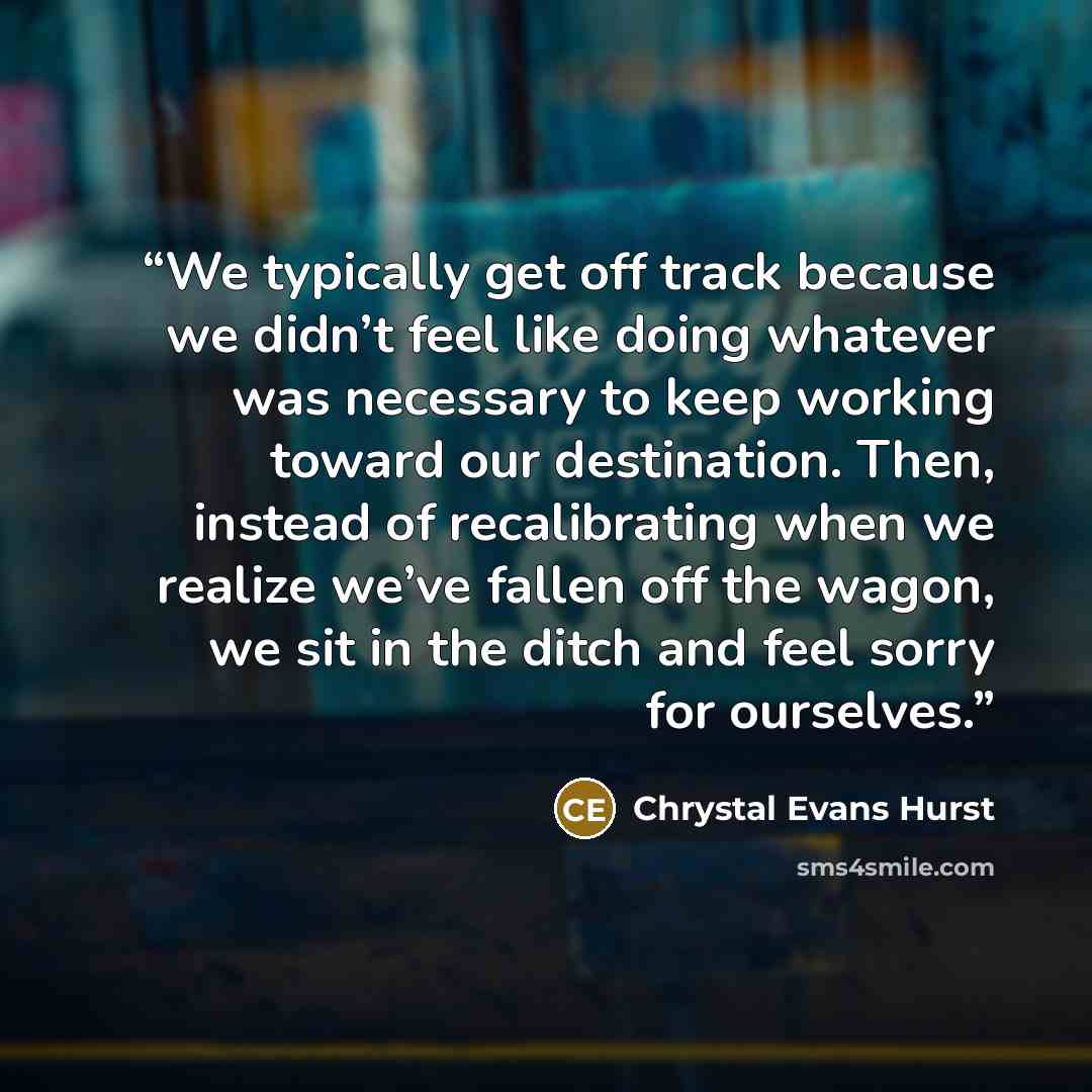 “We typically get off track because we didn’t feel like doing whatever was necessary to keep working toward our destination. Then, instead of recalibrating when we realize we’ve fallen off the wagon, we sit in the ditch and feel sorry for ourselves.” quote by Chrystal Evans Hurst