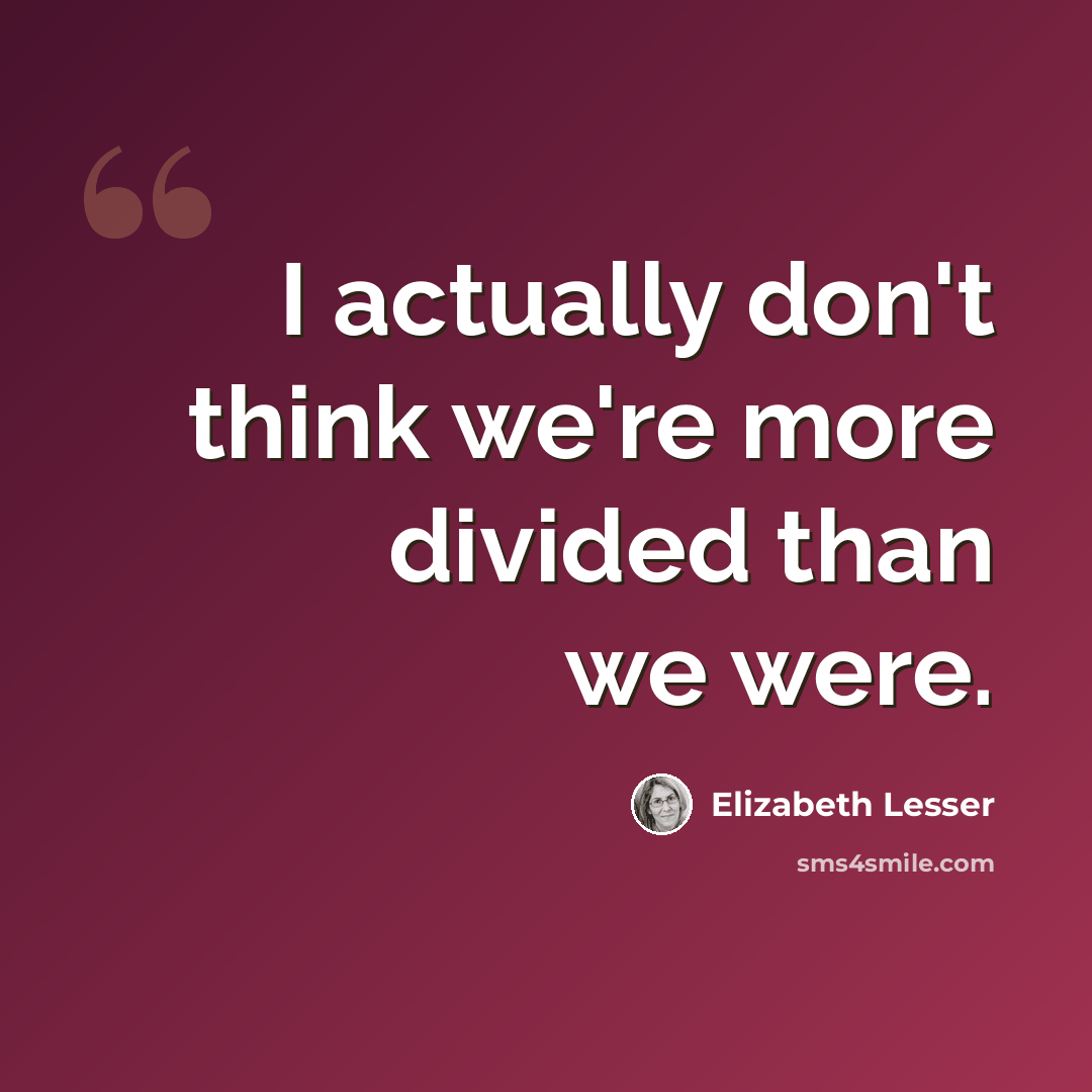 “I actually don't think we're more divided than we were.” quote by Elizabeth Lesser