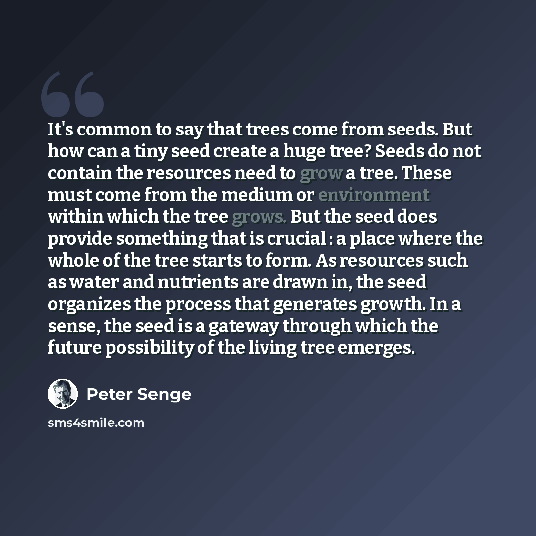 “It's common to say that trees come from seeds. But how can a tiny seed create a huge tree? Seeds do not contain the resources need to grow a tree. These must come from the medium or environment within which the tree grows. But the seed does provide something that is crucial : a place where the…” quote by Peter Senge