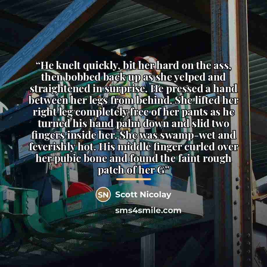 “He knelt quickly, bit her hard on the ass, then bobbed back up as she yelped and straightened in surprise. He pressed a hand between her legs from behind. She lifted her right leg completely free of her pants as he turned his hand palm down and slid two fingers inside her. She was swamp-wet and…” quote by Scott Nicolay