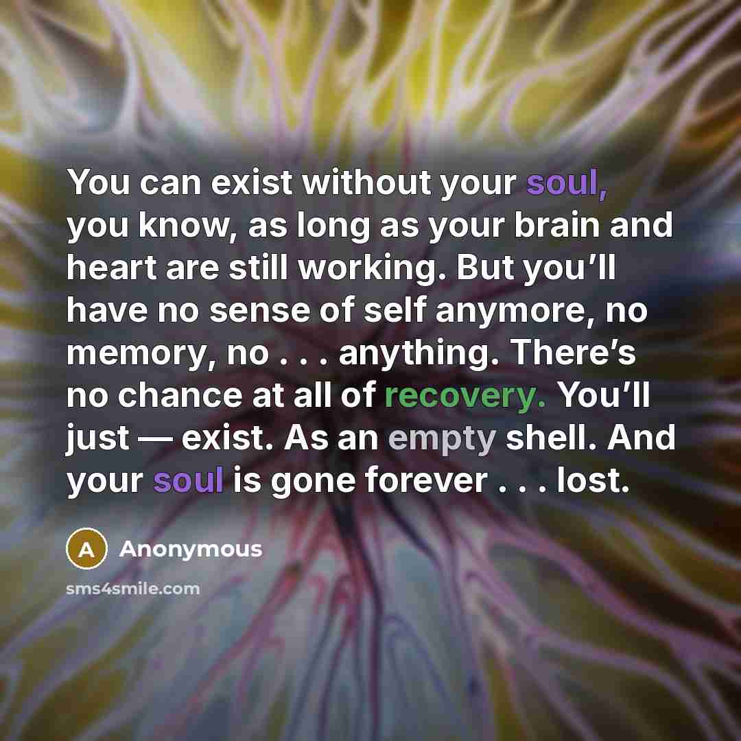“You can exist without your soul, you know, as long as your brain and heart are still working. But you’ll have no sense of self anymore, no memory, no . . . anything. There’s no chance at all of recovery. You’ll just — exist. As an empty shell. And your soul is gone forever . . . lost.” quote by Anonymous