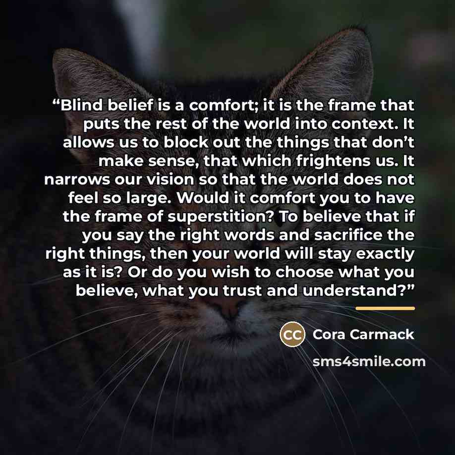 “Blind belief is a comfort; it is the frame that puts the rest of the world into context. It allows us to block out the things that don’t make sense, that which frightens us. It narrows our vision so that the world does not feel so large. Would it comfort you to have the frame of superstition? To…” quote by Cora Carmack